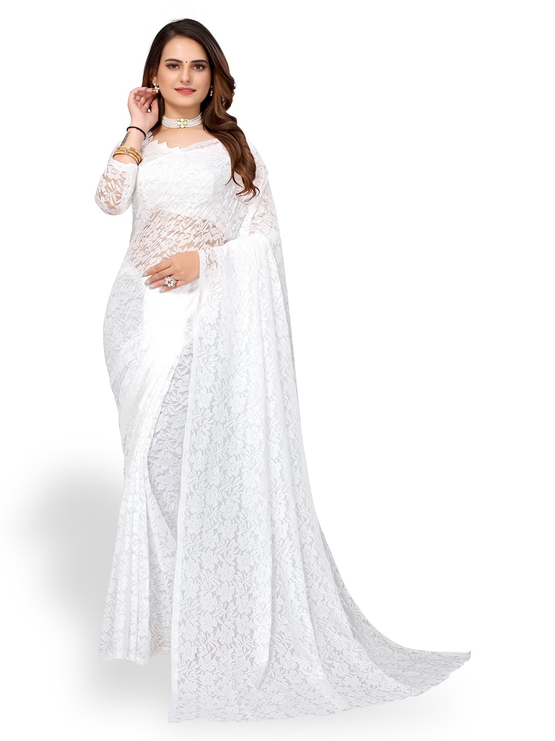 

KALINI Floral Woven Design Net Saree, White