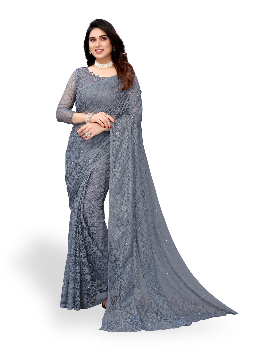 

KALINI Woven Design Beads & Stones Saree, Grey