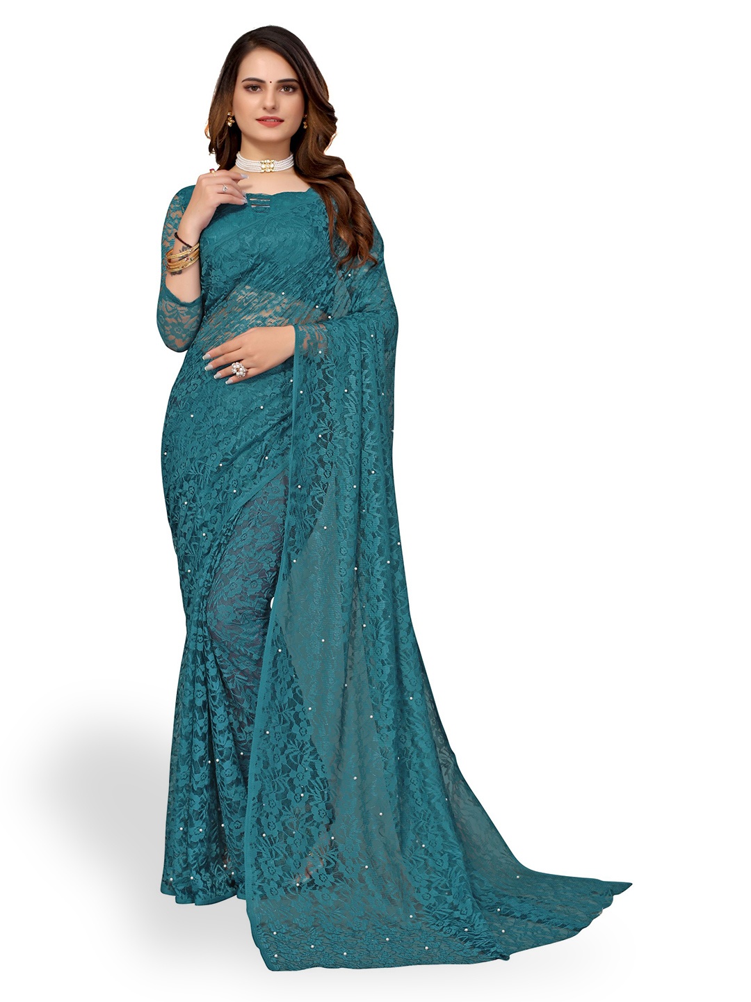 

KALINI Floral Woven Design Net Saree, Teal