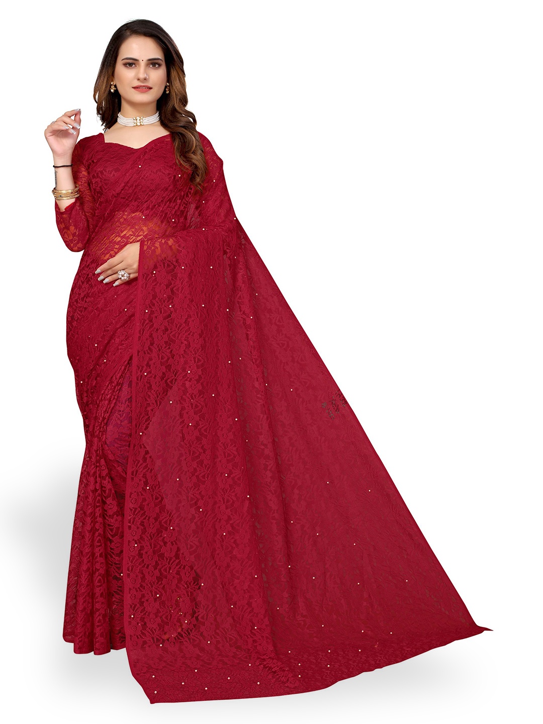 

KALINI Floral Woven Design Net Saree, Maroon