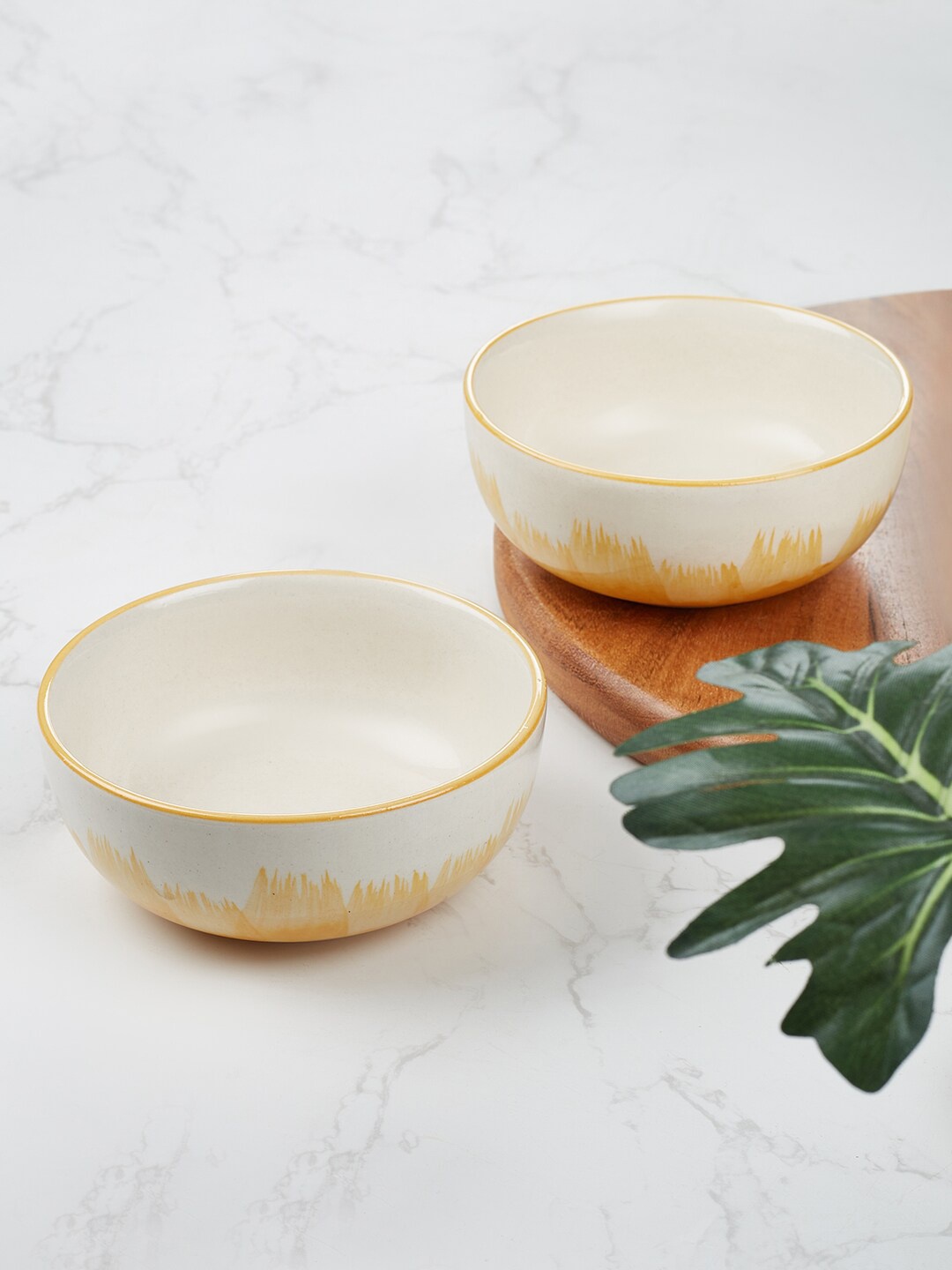 

HomeTown Ophilia Studio White & Yellow 2 Pieces Printed Stoneware Glossy Veg Bowls