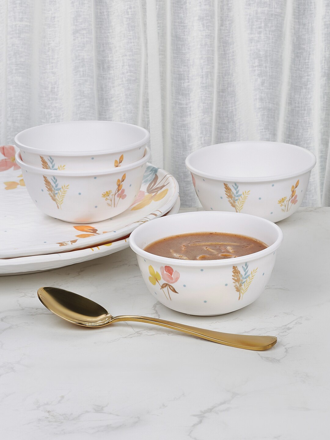 

HomeTown Gypsy White & Yellow 4 Pieces Printed Melamine Matte Soup Bowls