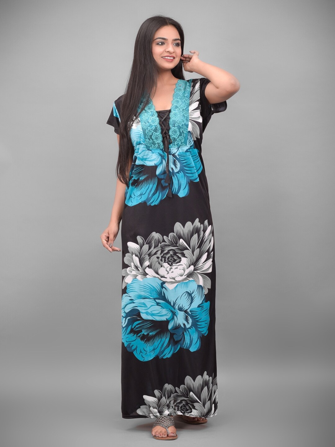 

Apratim Floral Printed Satin Maxi Nightdress, Black