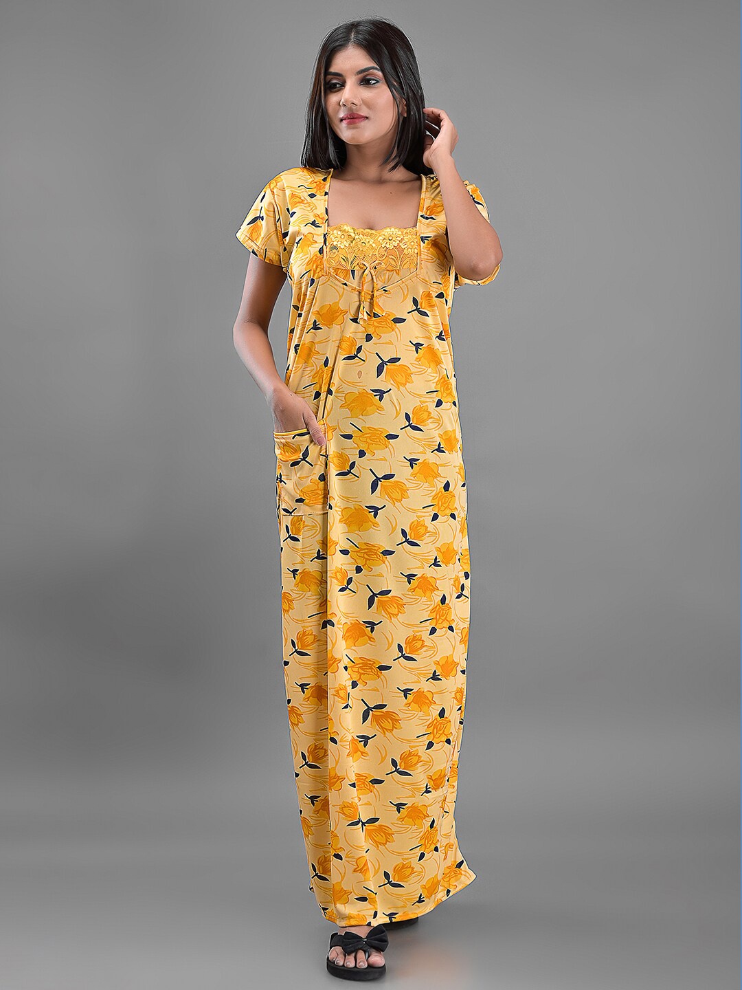 

Apratim Floral Printed Satin Maxi Nightdress, Yellow
