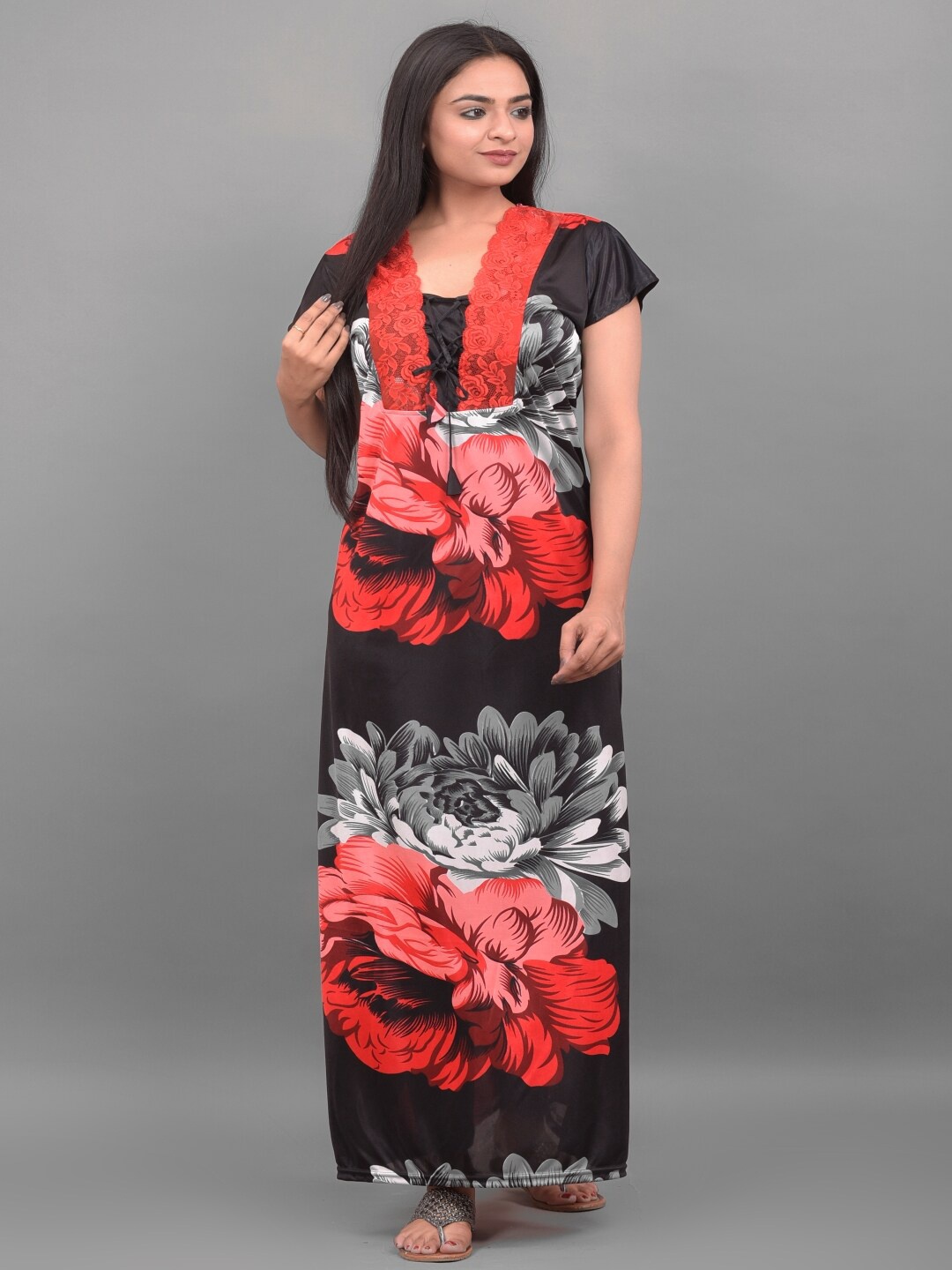 

Apratim Floral Printed Satin Maxi Nightdress, Black