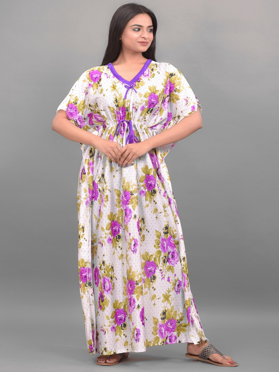 

Apratim Floral Printed Satin Maxi Kaftan Nightdress, White