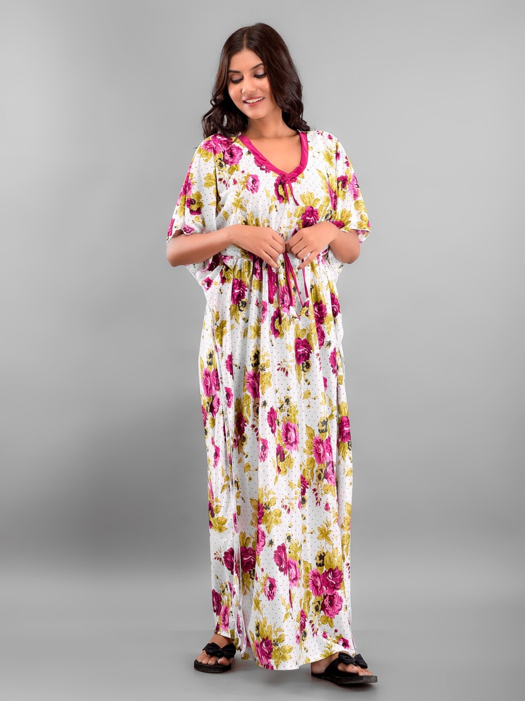 

Apratim Floral Printed Satin Kaftan Maxi Nightdress, White