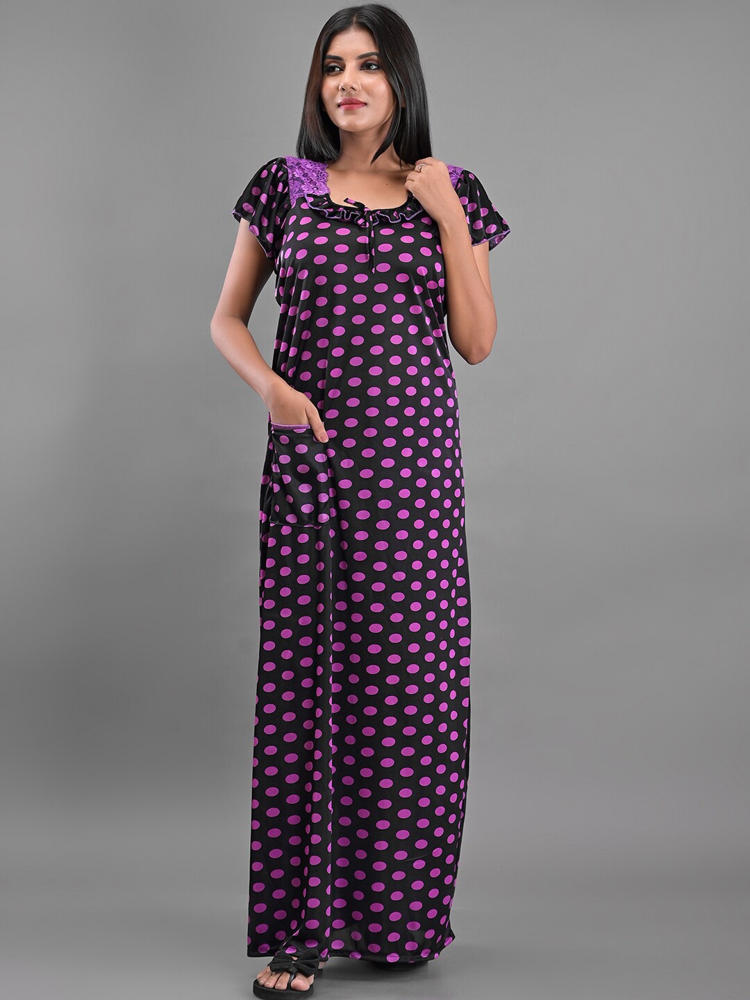 

Apratim Polka Dots Printed Satin Maxi Nightdress, Black