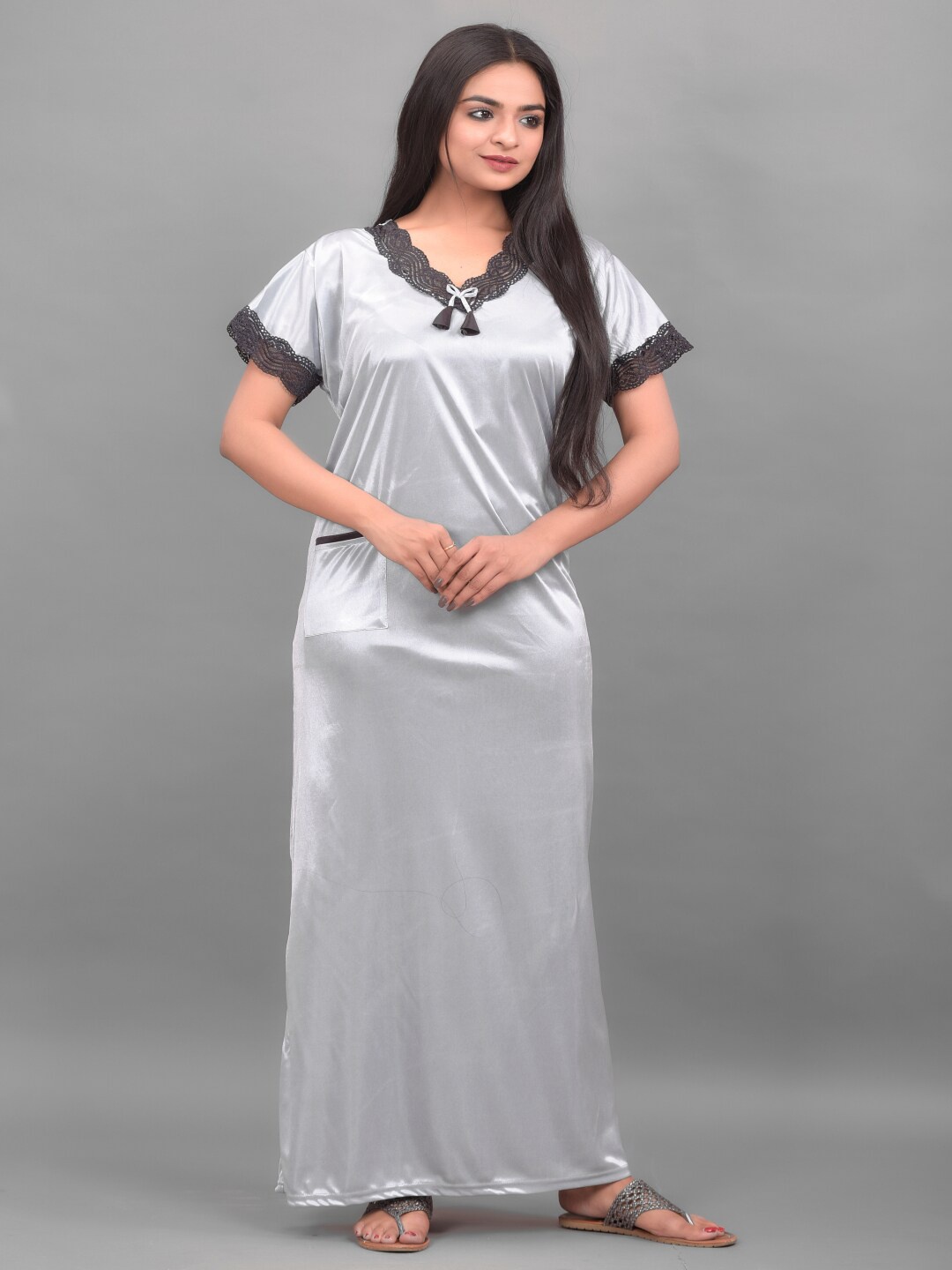 

Apratim V Neck Satin Maxi Nightdress, Grey