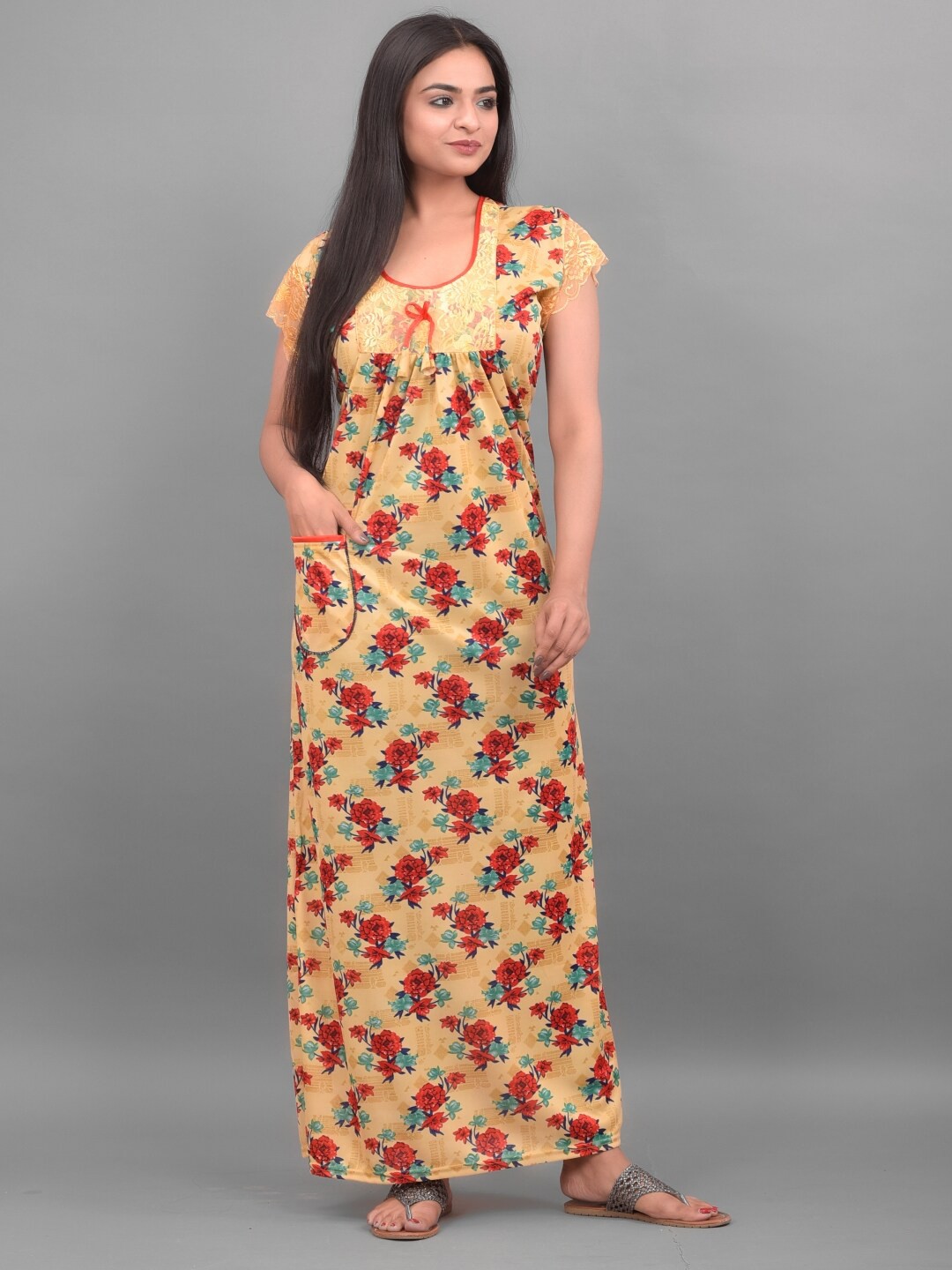 

Apratim Floral Printed Satin Maxi Nightdress, Beige