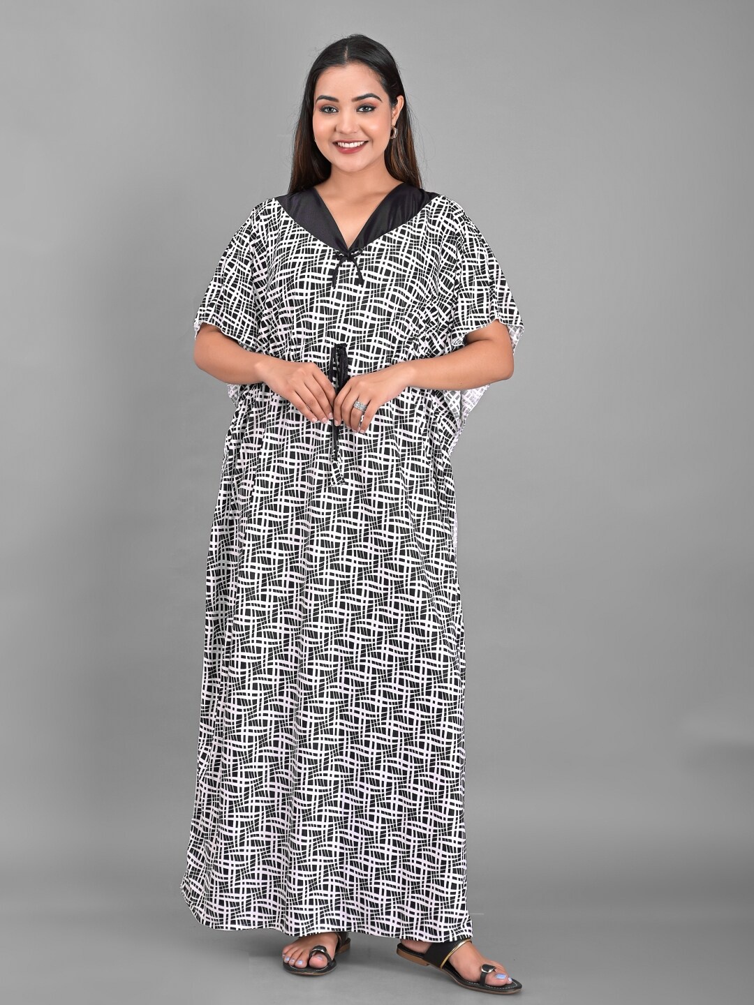 

Apratim Checked Printed Satin Maxi Nightdress, White