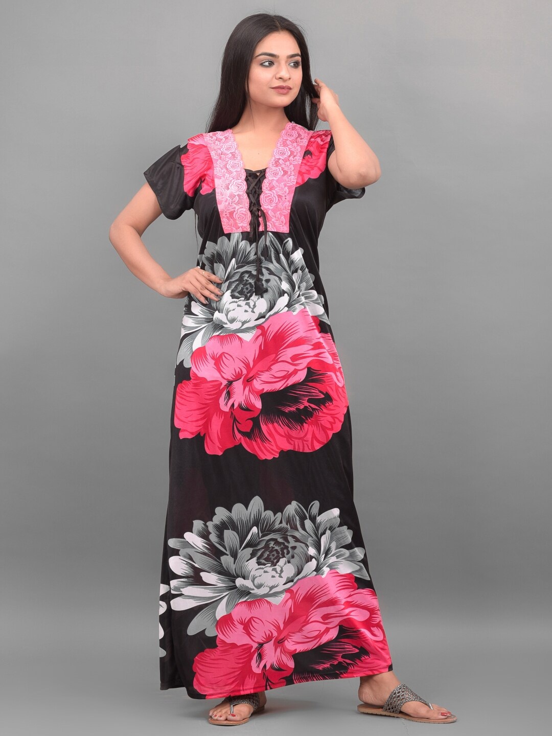 

Apratim Floral Printed Satin Maxi Nightdress, Black