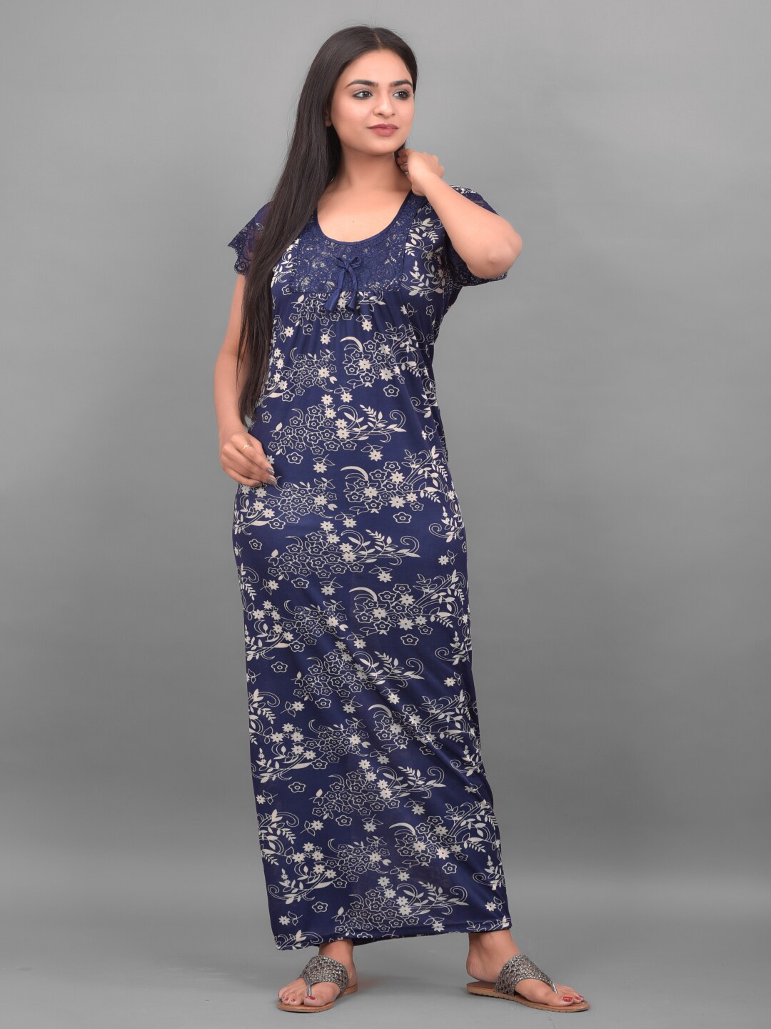 

Apratim Floral Printed Satin Maxi Nightdress, Blue