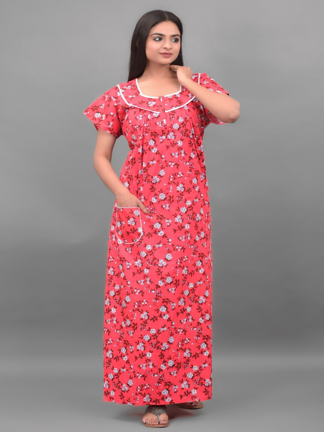 

Apratim Floral Printed Pure Cotton Maxi Nightdress, Red