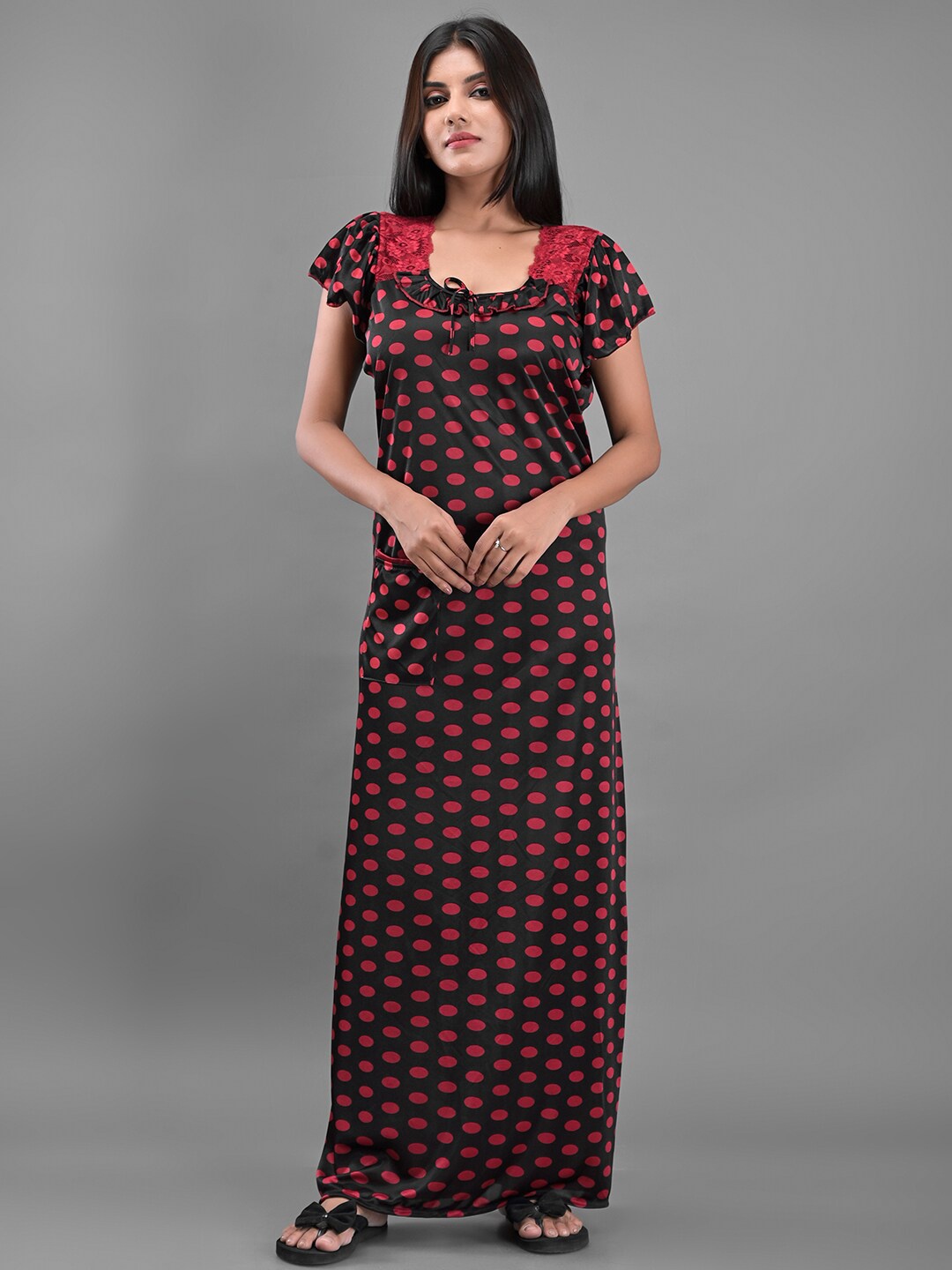 

Apratim Polka Dots Printed Satin Maxi Nightdress, Black