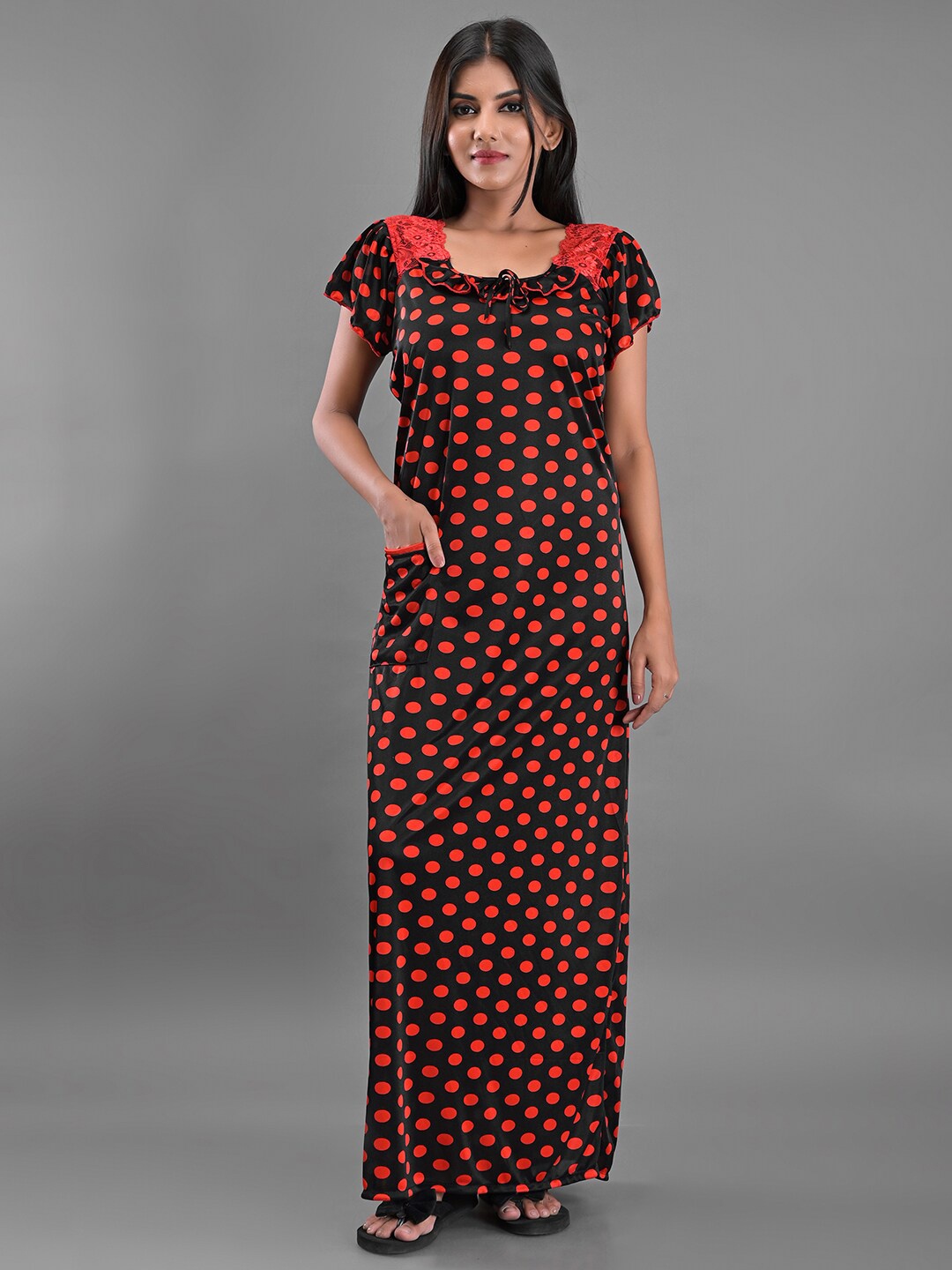 

Apratim Polka Dots Printed Satin Maxi Nightdress, Black