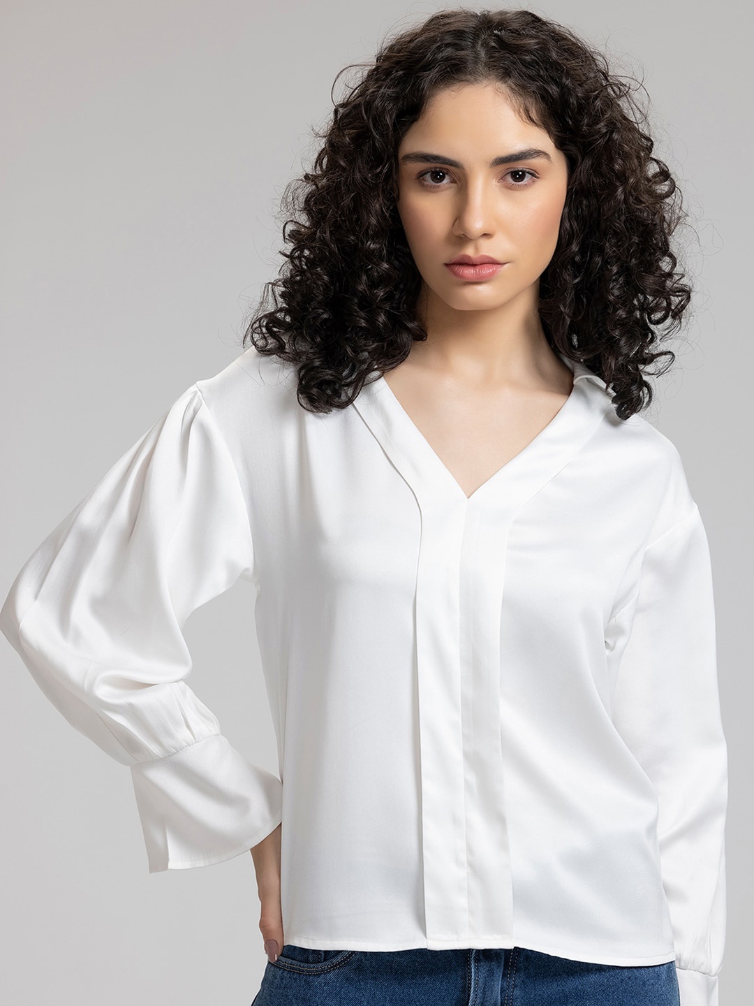 

SHAYE Shirt Style Satin Top, White