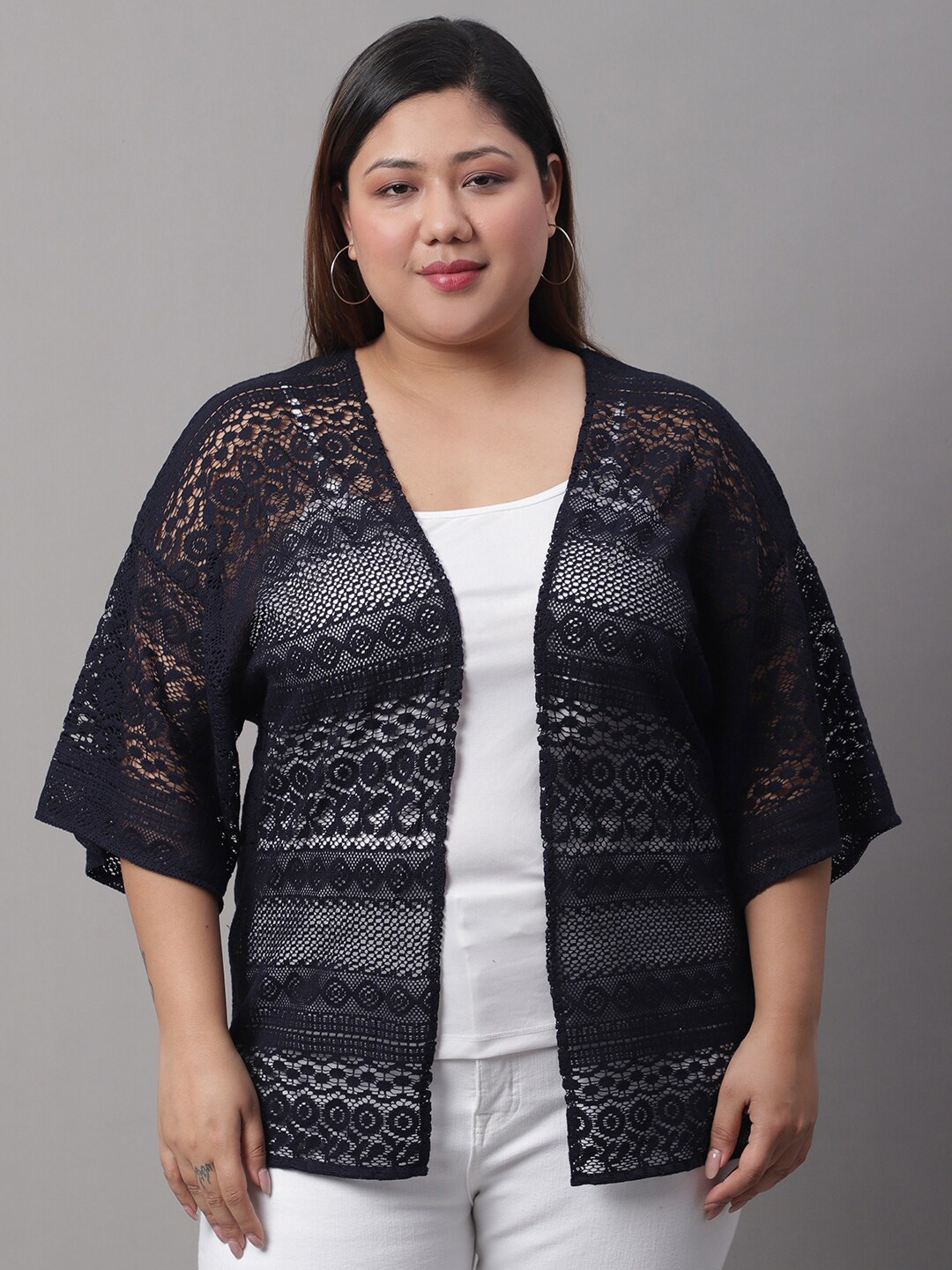 

Rute Plus Size Floral Self Design Shrug, Black