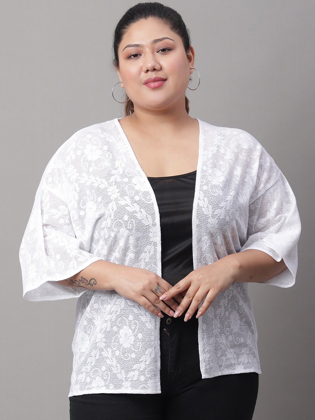 

Rute Plus Size Floral Self Design Shrug, White