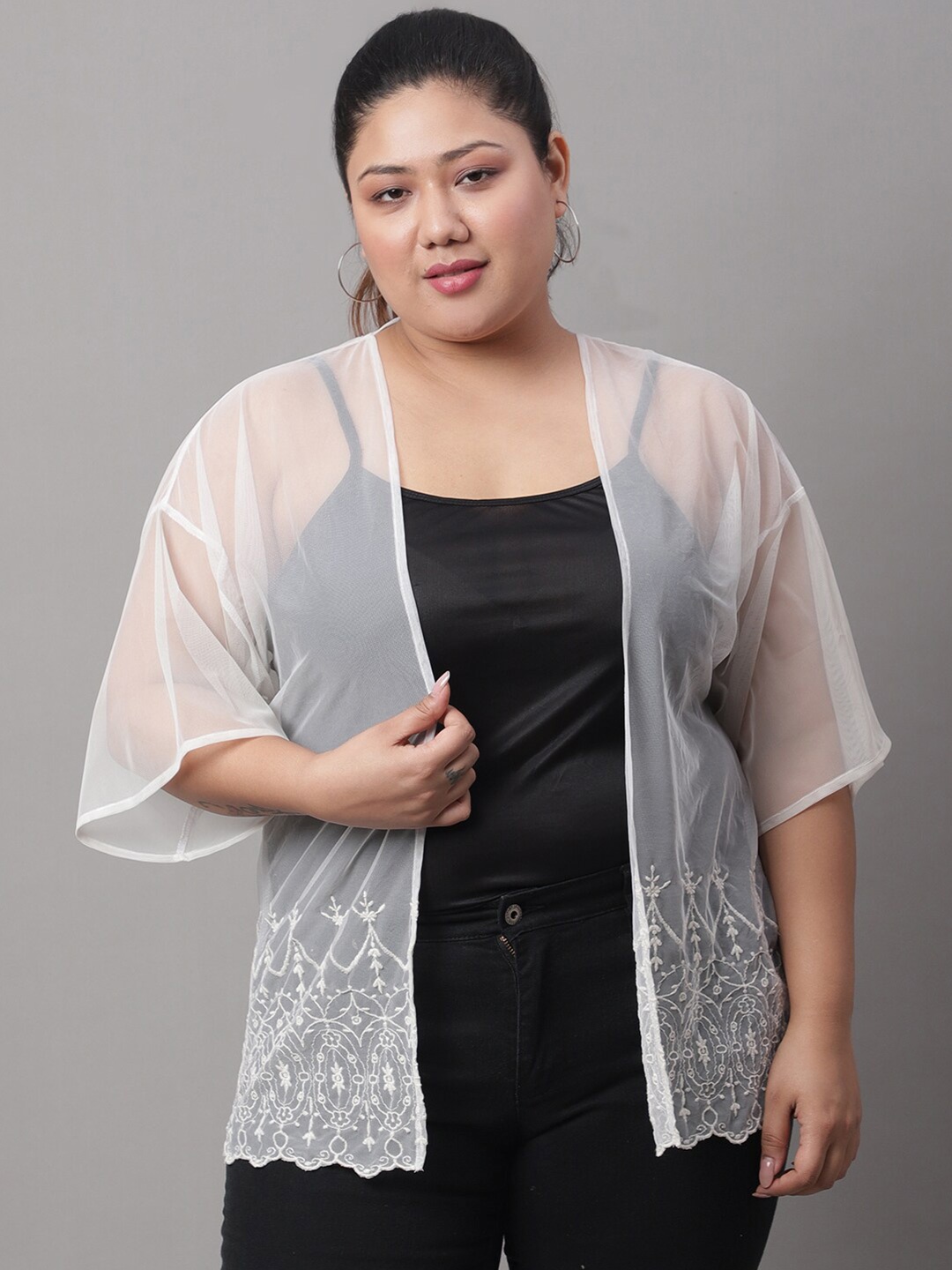 

Rute Plus Size Self Design Cotton Open Front Shrug, White