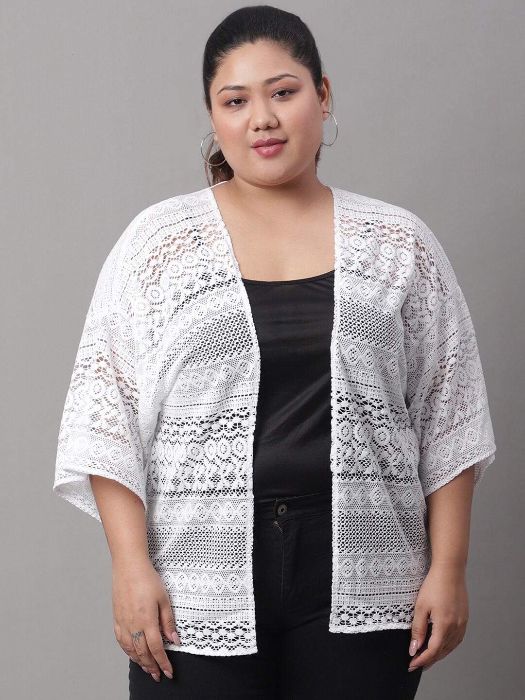 

Rute Plus Size Floral Self Design Cotton Shrug, White