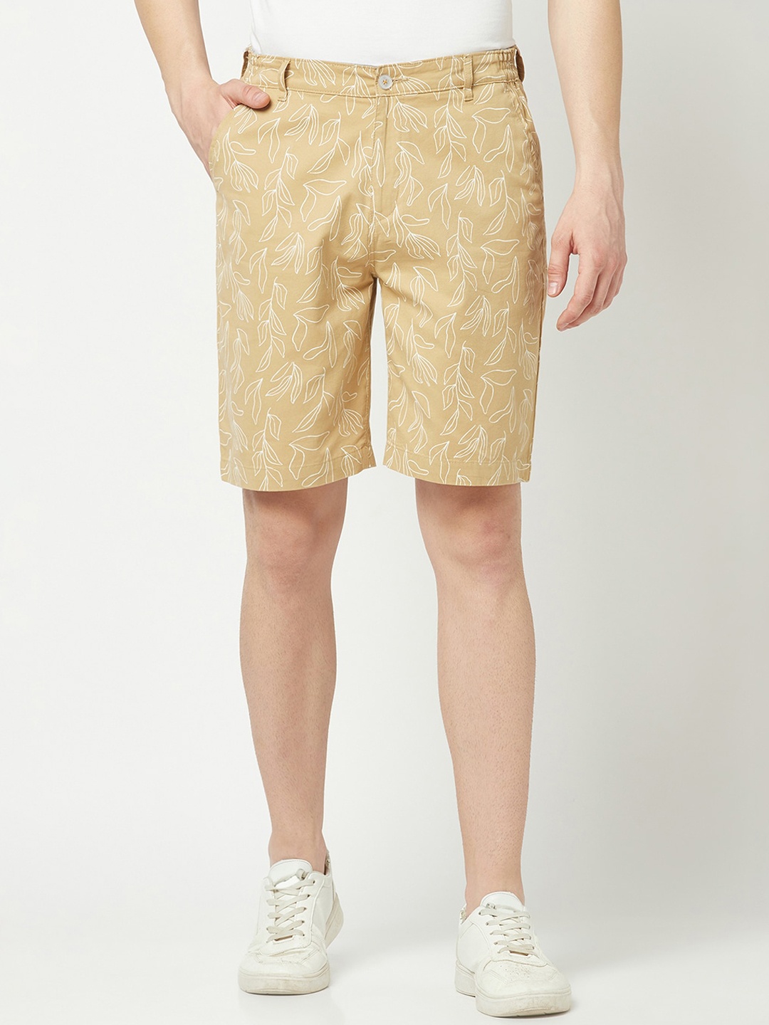 Crimsoune Club Men Floral Printed Pure Cotton Shorts, Khaki