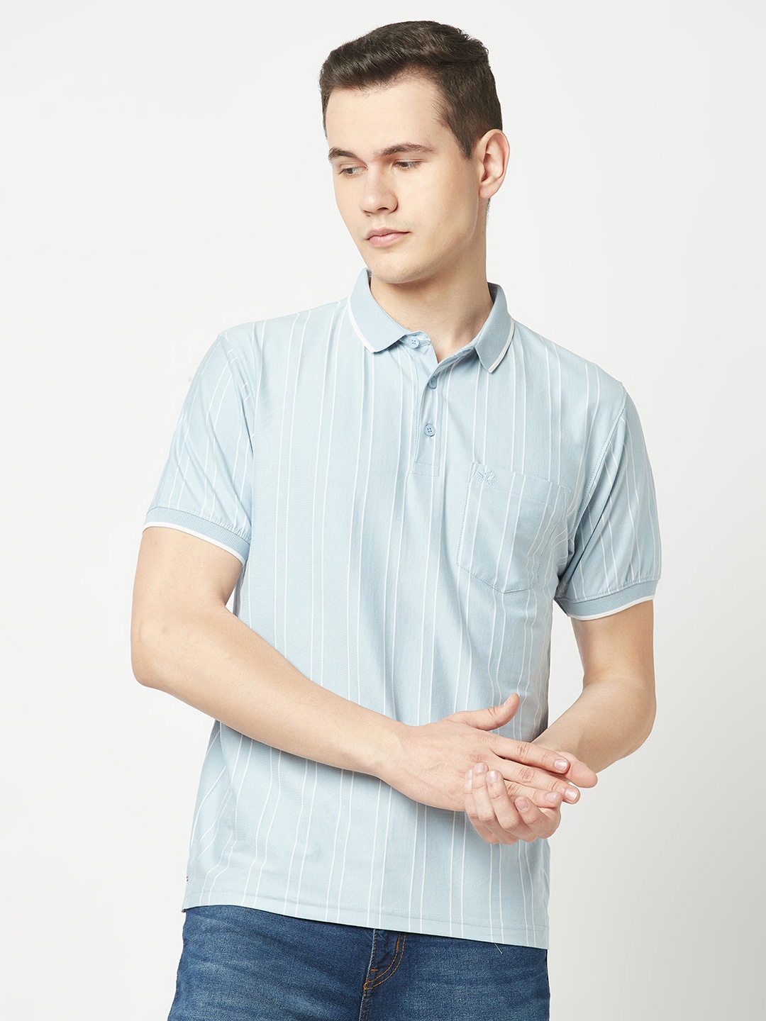 

Crimsoune Club Men Striped Polo Collar Cotton T-shirt, Blue