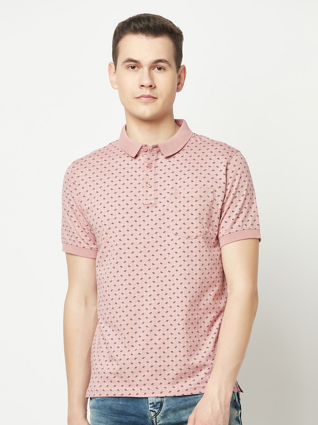 

Crimsoune Club Men Printed Polo Collar Cotton T-shirt, Pink