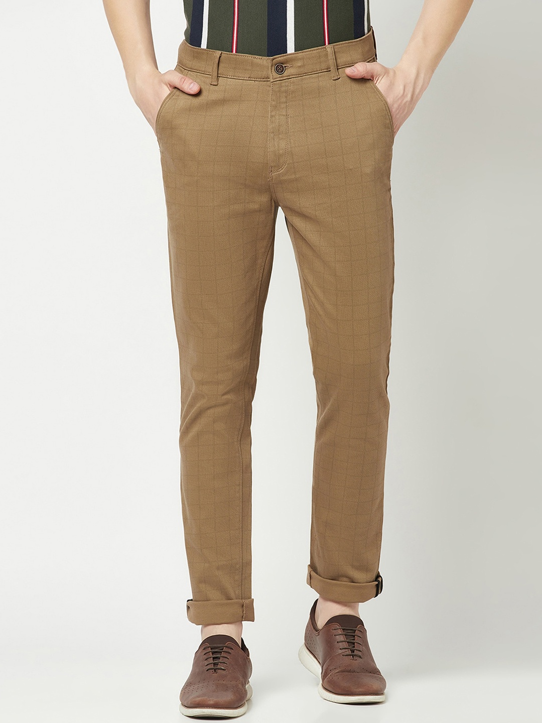 

Crimsoune Club Men Checked Relaxed Mid-Rise Chinos, Brown