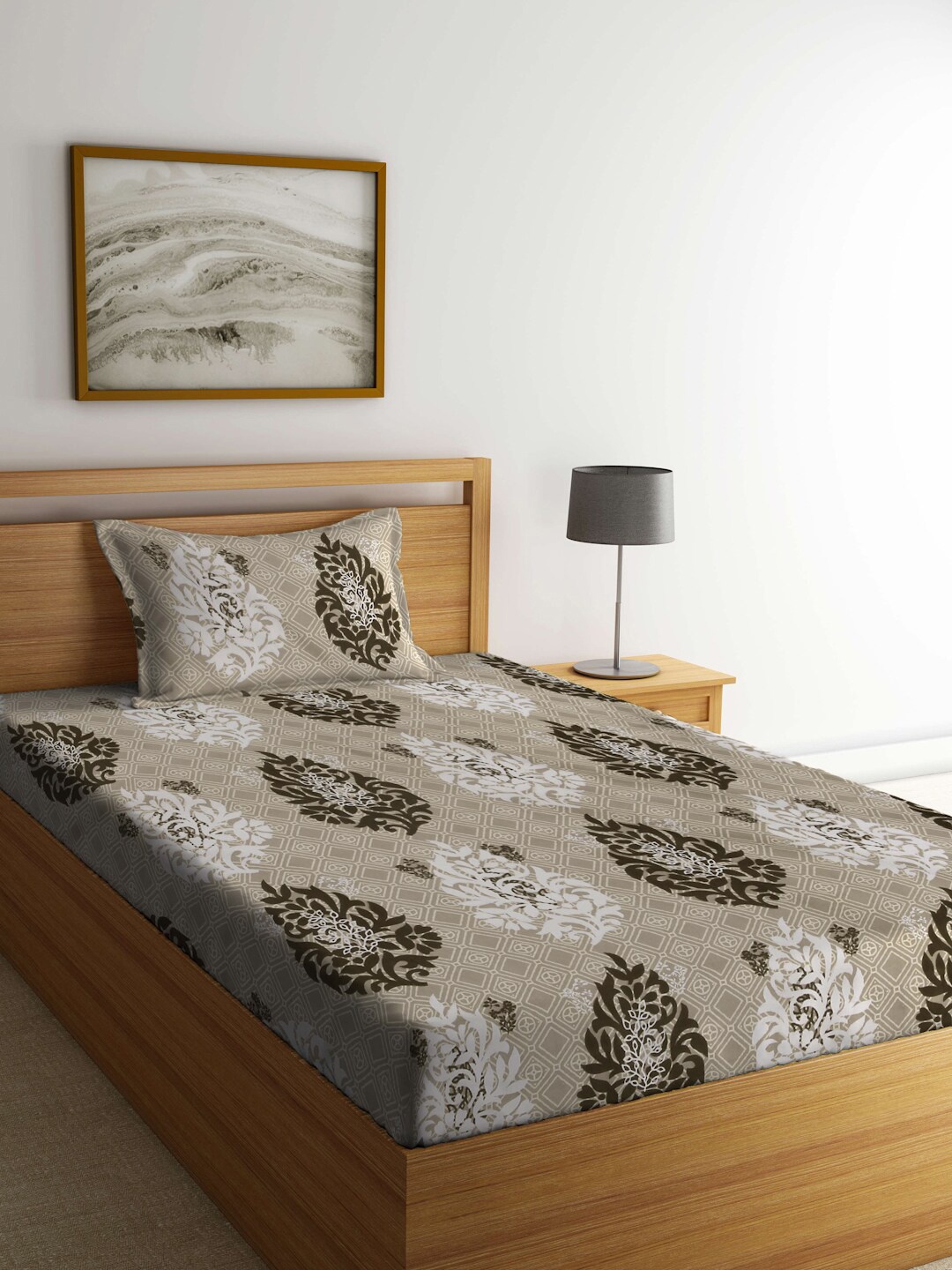 

KLOTTHE Beige & Brown Floral Printed 300 TC Single Bedsheet With 1 Pillow Cover