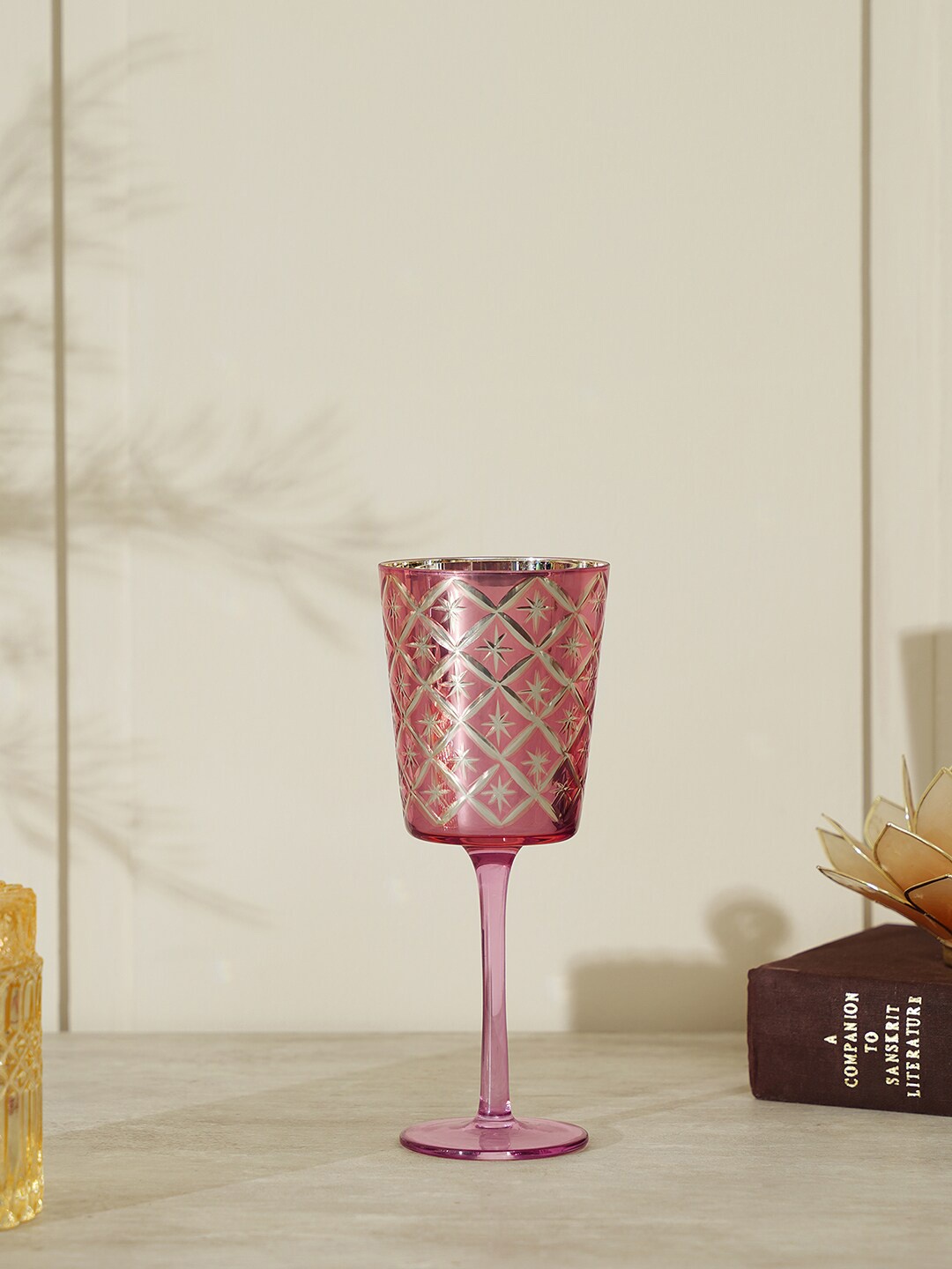 

Pure Home and Living Pink & Gold-Toned Self Designed Glass Candle Holder