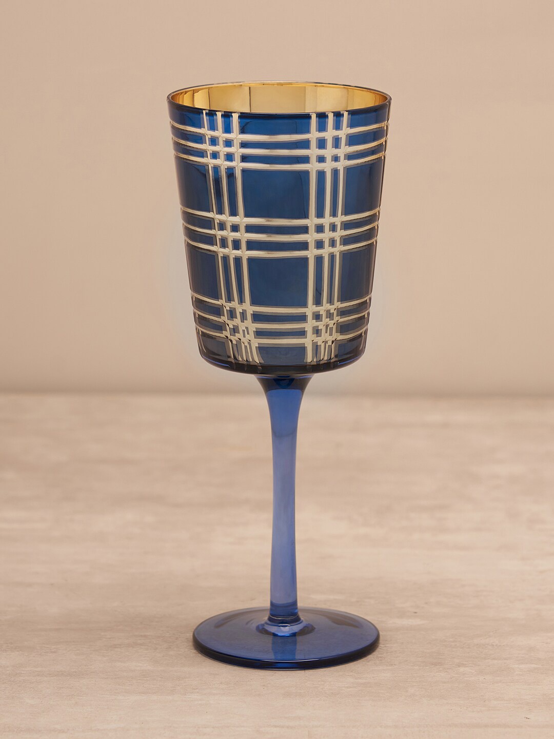 

Pure Home and Living Blue & Gold-Toned Checked Glass Candle Holder
