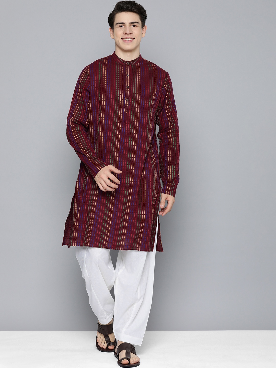 

HERE&NOW Striped Thread Work Pure Cotton Kurta With Pyjamas, Red