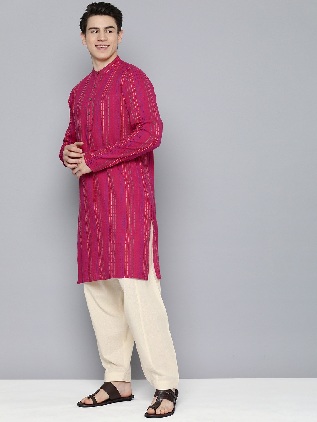 

HERE&NOW Striped Pure Cotton Kurta With Pyjamas, Pink