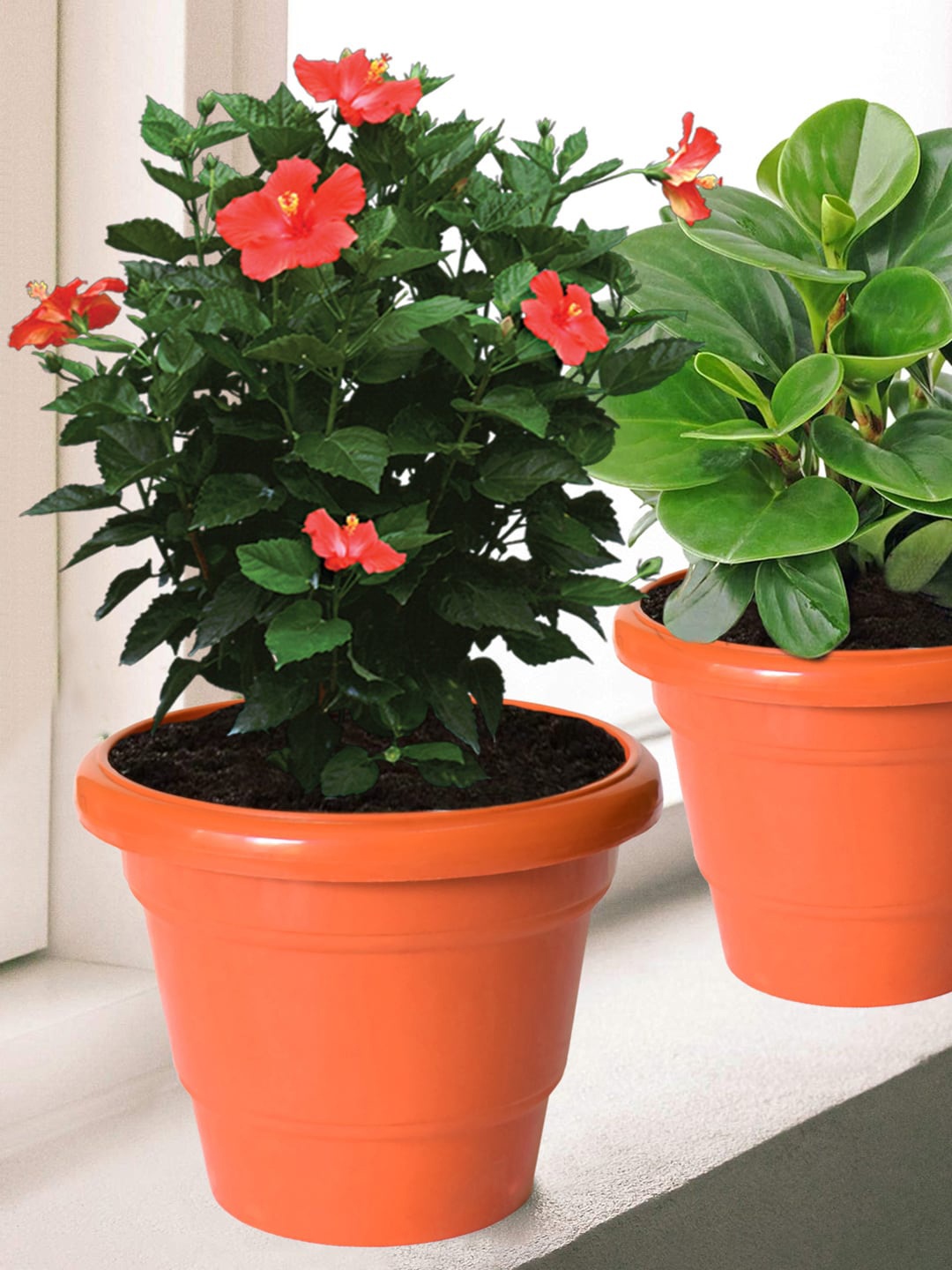 

Kuber Industries Orange 4 Pieces 2 Layered Plastic Flower Pot Gamla for Home Decor