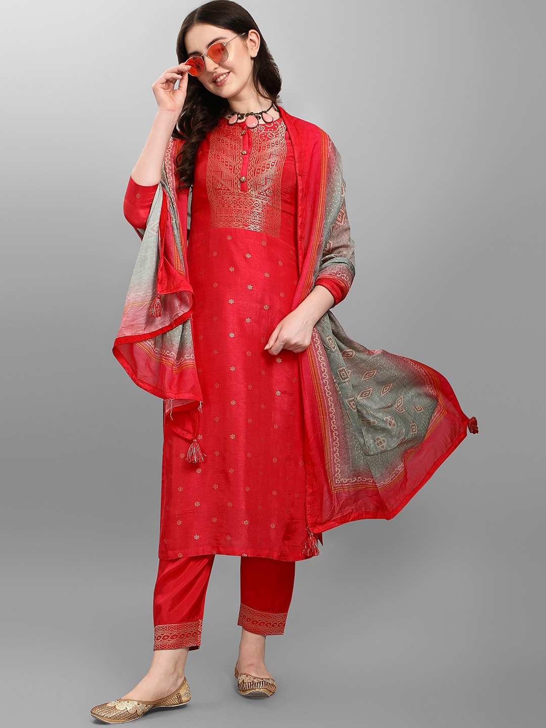 

Seerat Ethnic Motifs Woven Design Jacquard Pure Silk Kurta with Trousers & Dupatta, Red