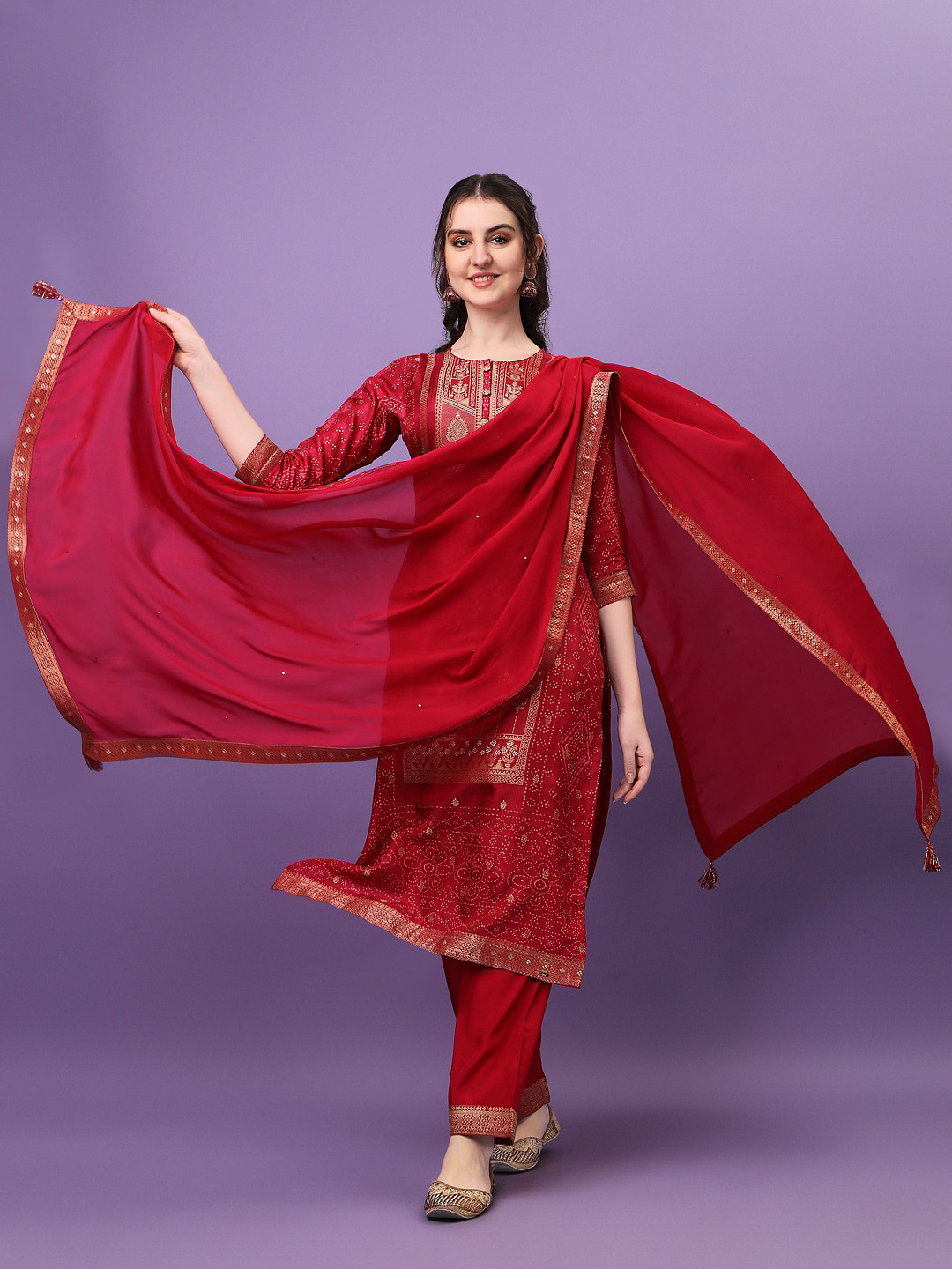 

Seerat Ethnic Motifs Woven Design Jacquard Pure Silk Kurta with Trousers & Dupatta, Red