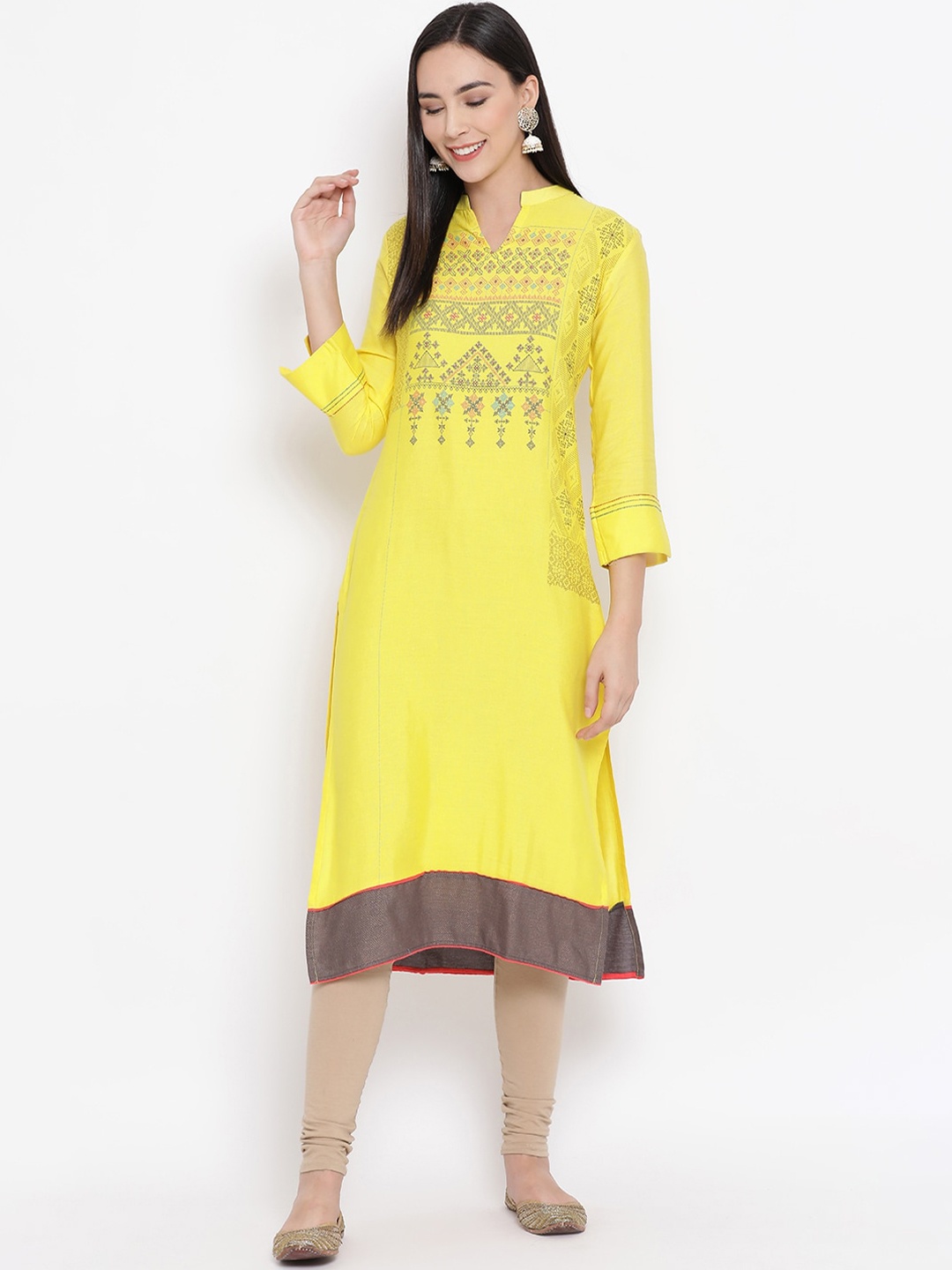 

Span Ethnic Motifs Printed Band Collar Cotton Straight Kurta, Yellow