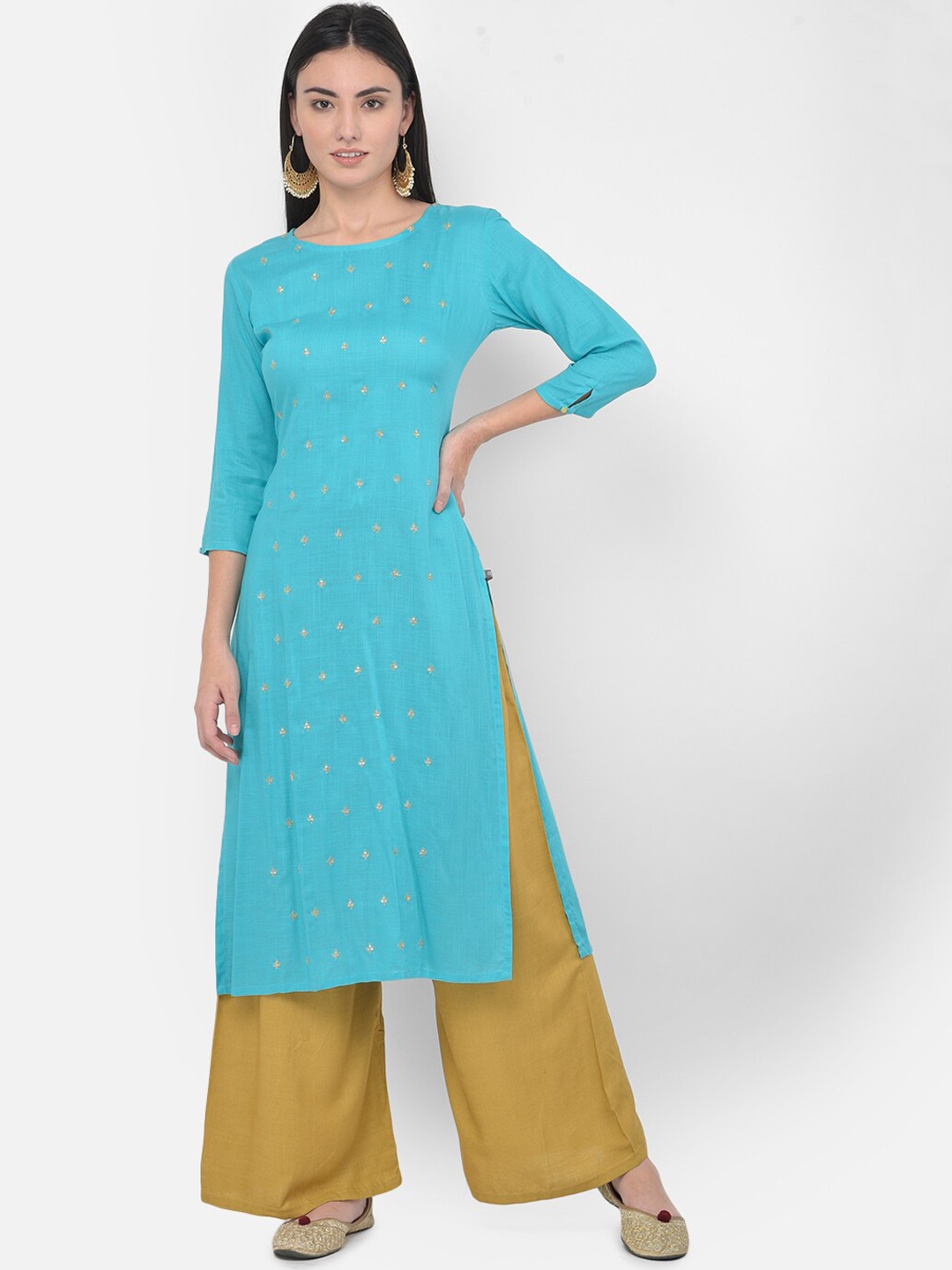 

Span Ethnic Motifs Embroidered Sequined Straight Cotton Kurta, Turquoise blue