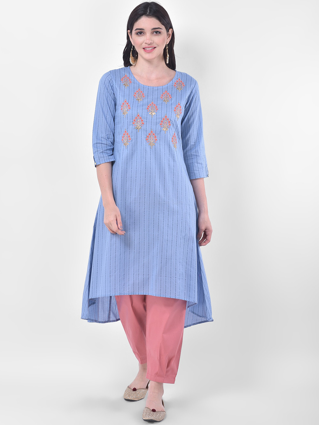 

Span Ethnic Motifs Embroidered Thread Work Cotton Kurta, Blue