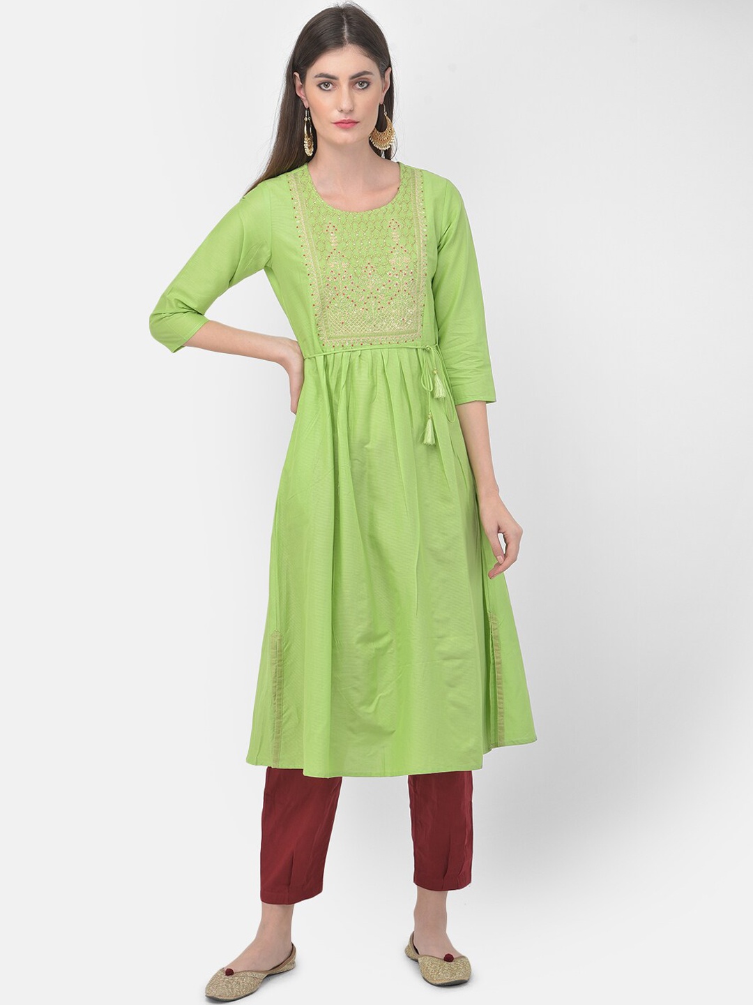 

Span Ethnic Motifs Embroidered Sequined Pleated Pure Cotton A-Line Kurta, Green