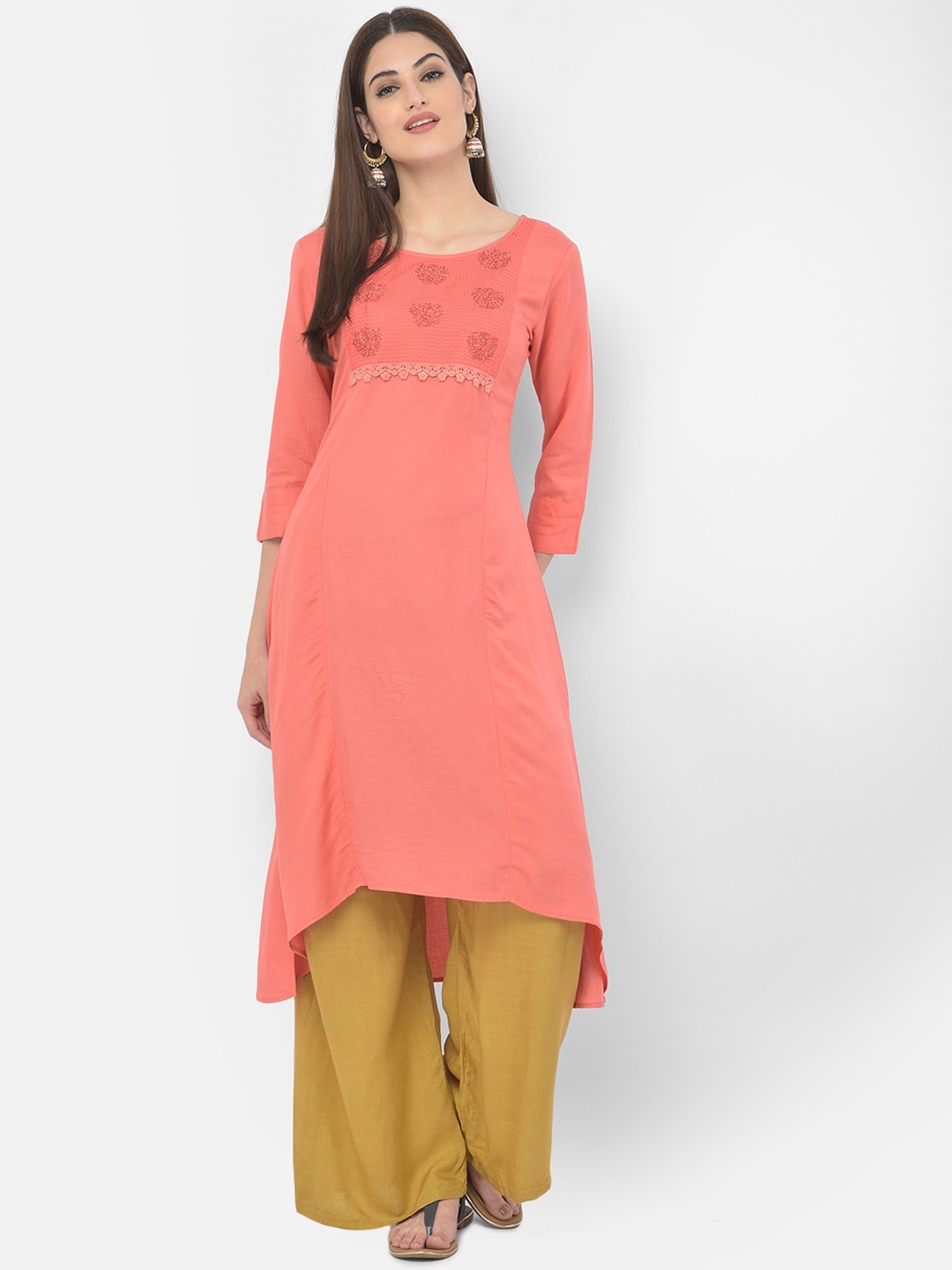 

Span Embroidered High-Low Pure Cotton A-Line Kurta, Peach
