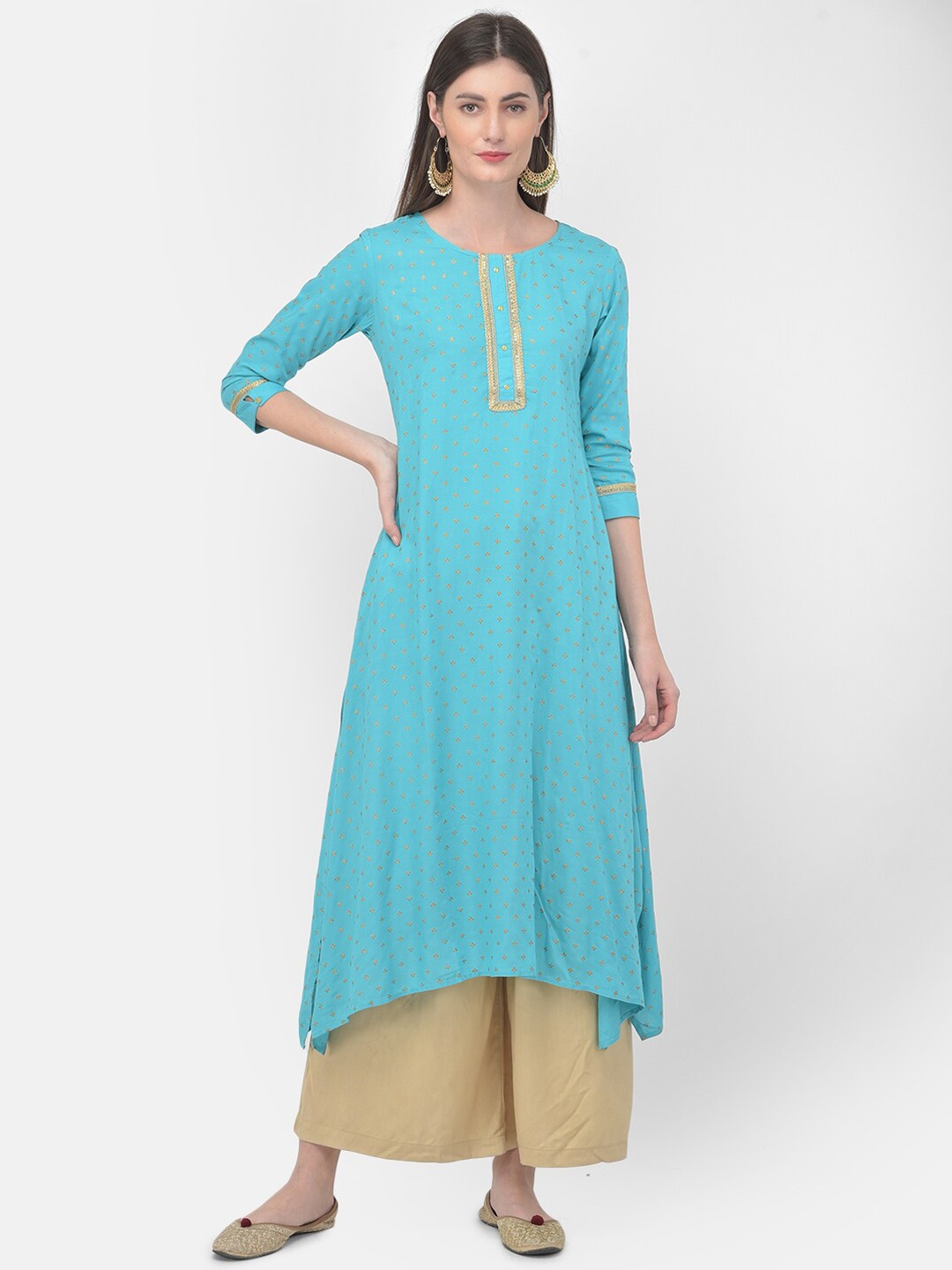 

Span Ethnic Motifs Embroidered Sequined Curved A-Line Kurta, Turquoise blue