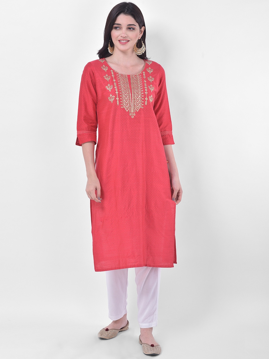 

Span Polka Dots Printed Thread Work Silk Cotton Kurta, Peach