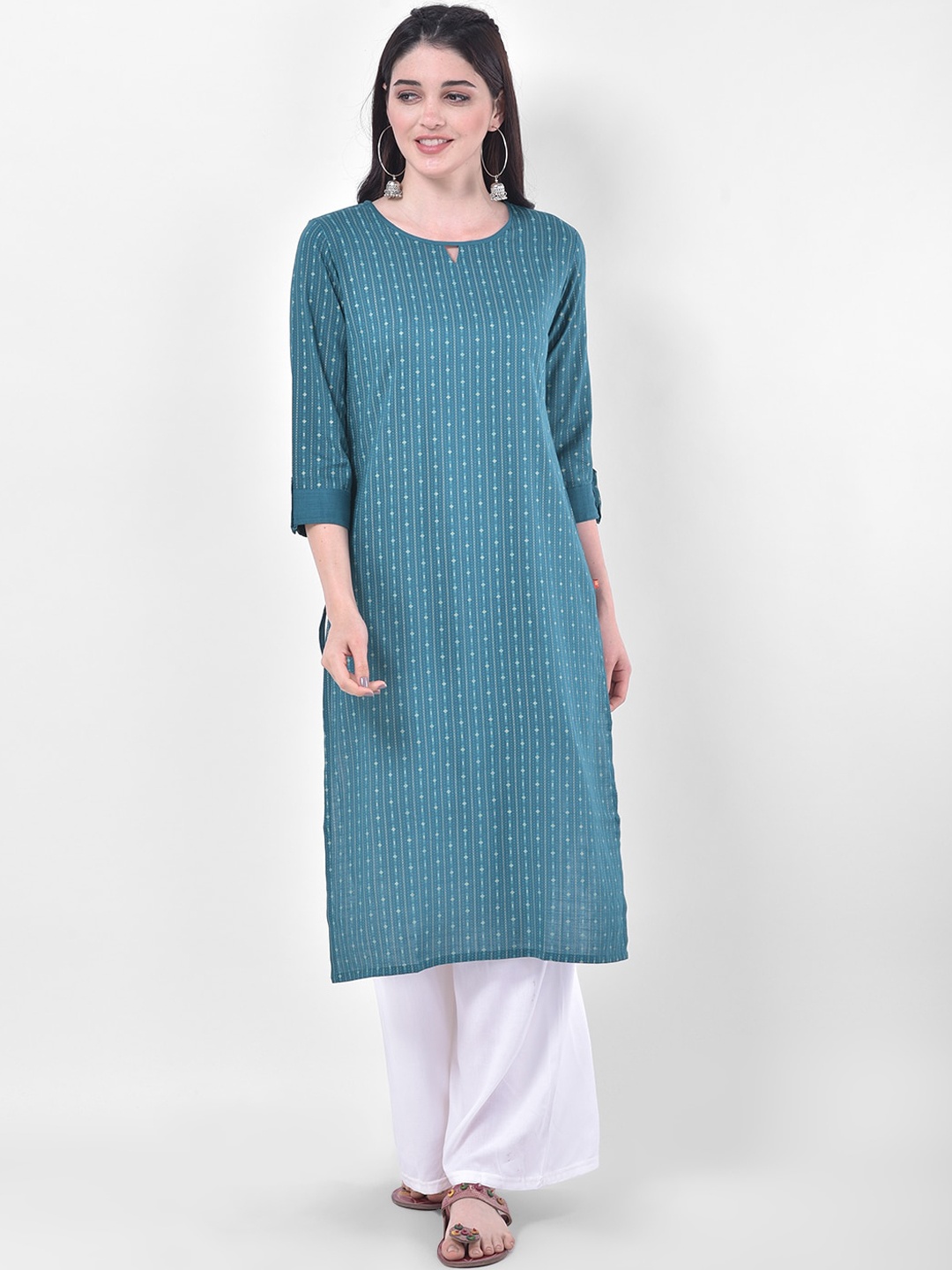 

Span Geometric Printed Keyhole Neck Pure Cotton Kurta, Green