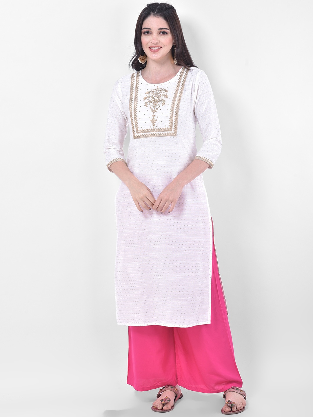 

Span Polka Dots Printed Thread Work Pure Cotton Kurta, White