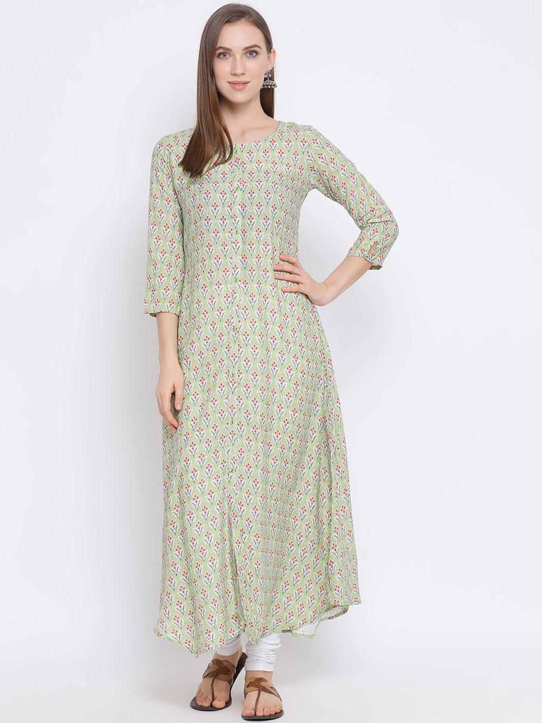 

Span Floral Printed A-Line Kurta, Green