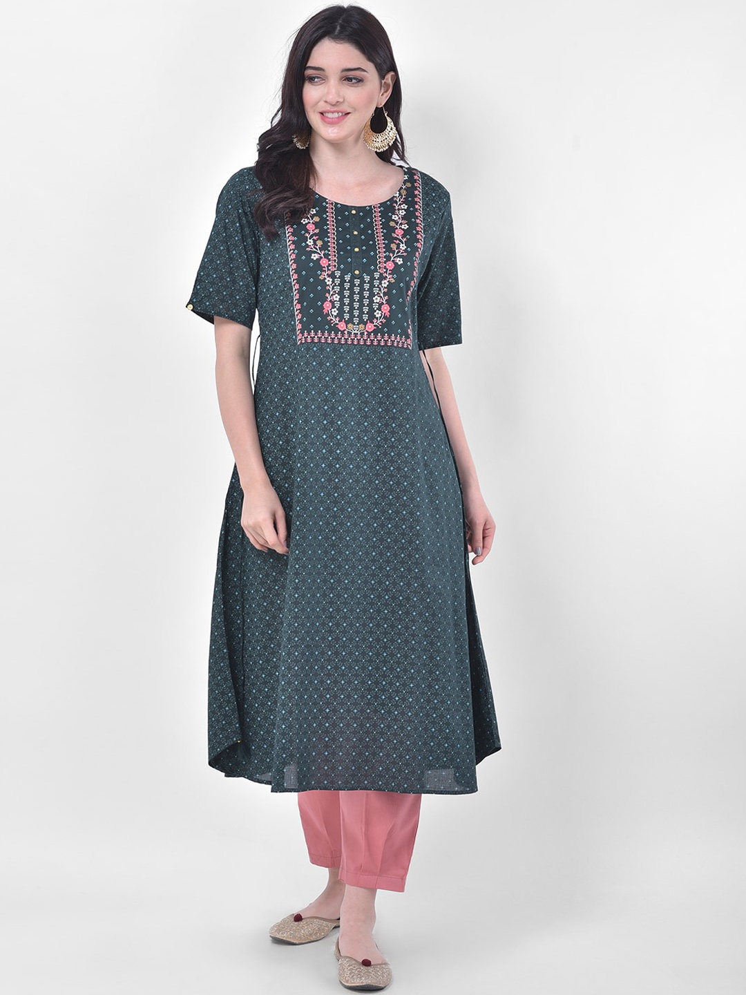 

Span Floral Printed Pure Cotton A-Line Kurta, Green