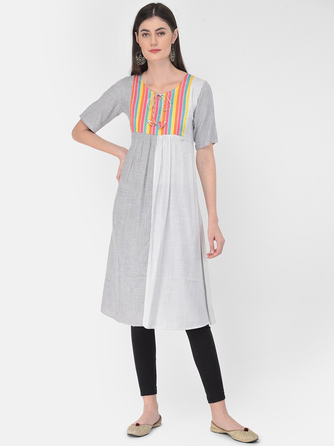 

Span Striped Yoke Design Tie-Up Neck Cotton A-Line Kurta, White