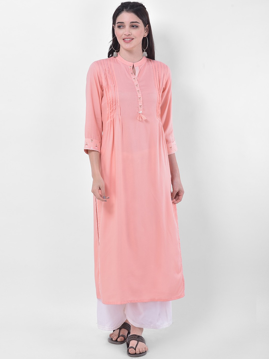 

Span Band Collar High Slit Pleated A-Line Cotton Kurta, Pink